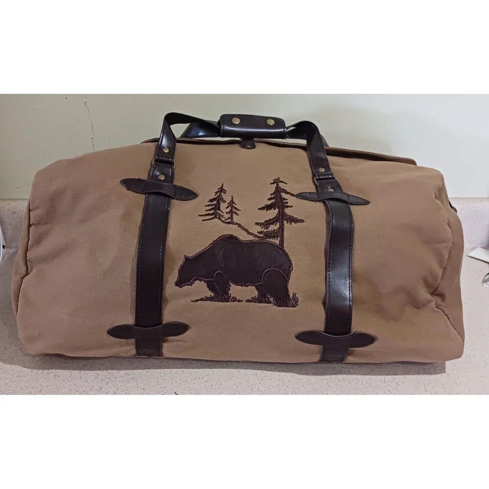Studio Outdoor Olive Duffel Bag Canvas Faux Trim W Strap Grizzly Bear Graphic
